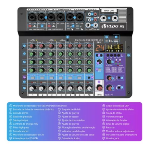 Mesa De Som Teyun A8 Com 8 Canais Bluetooth Usb Phantom+ 48v - Image 3