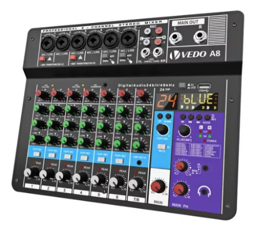 Mesa De Som Teyun A8 Com 8 Canais Bluetooth Usb Phantom+ 48v